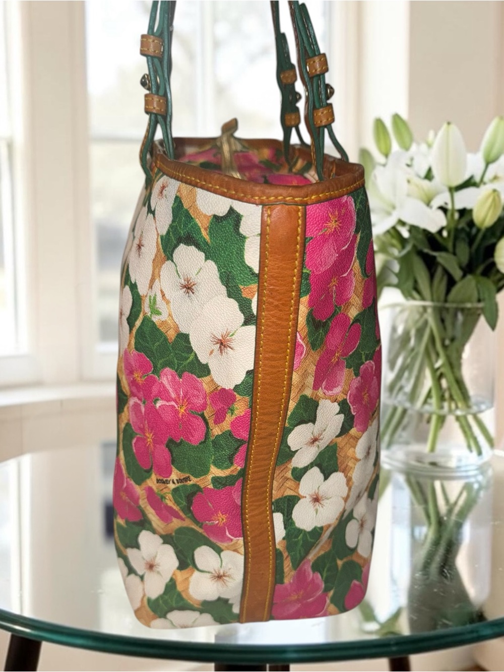 Dooney & Bourke Floral Pink, White, and Green Large Shopper Tote Bag EUC - Picture 5 of 16